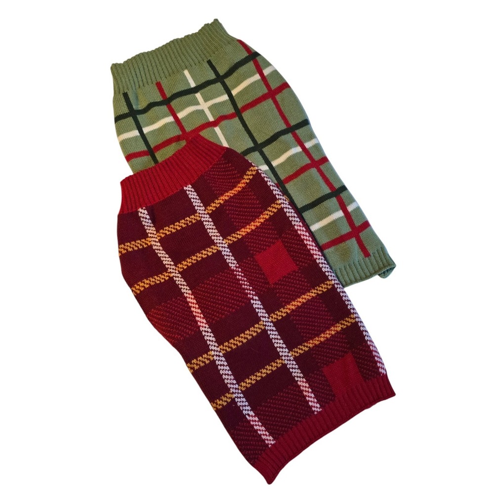 Heart To Tail Dog Knit Sweaters LG Plaid Set of 2 Red Green Winter Warm Walk
